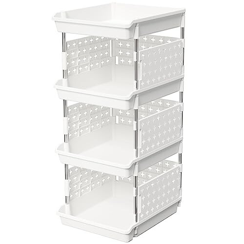 Stackable Storage Baskets, 4 Tier Plastic Storage Trolley Unit Rack Shelf for Wardrobe, Kitchen, Cupboard Storage Organiser, White, 35 x 30 x 72 cm