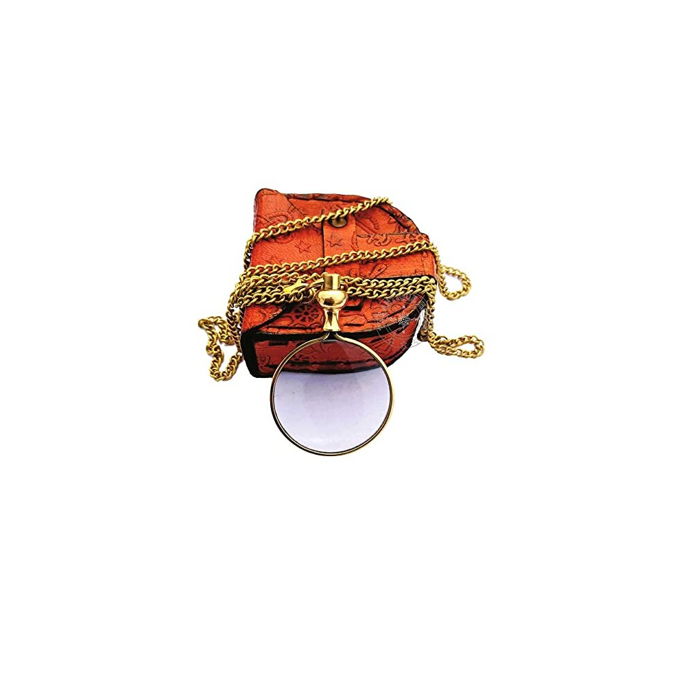 The Antique House Brass Magnifying Glass, Optical Magnifier Lens With Chain Monocle For Library Reading Fine Print Zooming Increase Vision