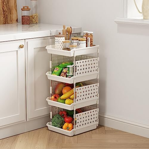 Stackable Storage Baskets, 4 Tier Plastic Storage Trolley Unit Rack Shelf for Wardrobe, Kitchen, Cupboard Storage Organiser, White, 35 x 30 x 72 cm 1