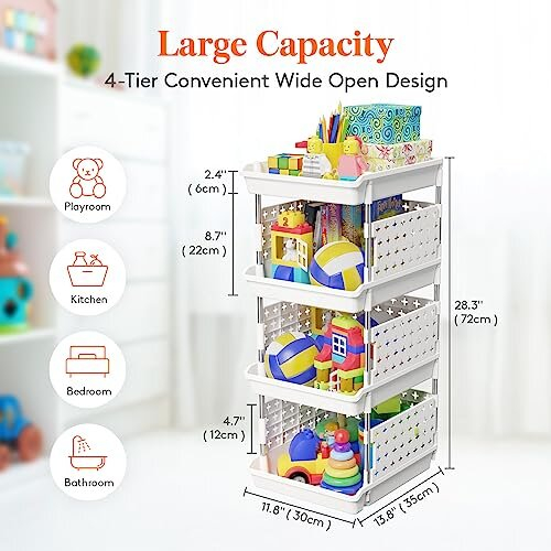 Stackable Storage Baskets, 4 Tier Plastic Storage Trolley Unit Rack Shelf for Wardrobe, Kitchen, Cupboard Storage Organiser, White, 35 x 30 x 72 cm 2