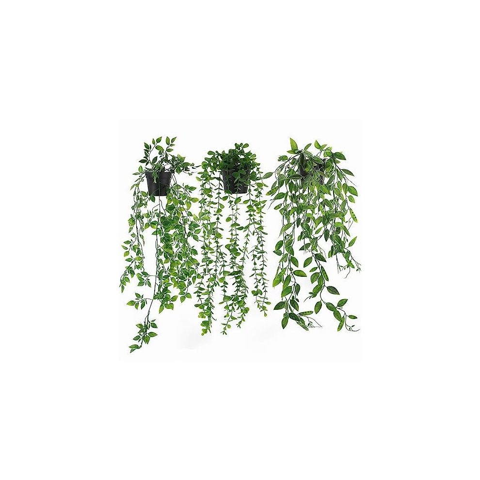 3 Pack Artificial Hanging Plants, Fake Ivy Potted Plants Outdoor Artificial Trailing Plants Fake Ivy Vines Hanging Plant with Pot Greenery Faux Plants