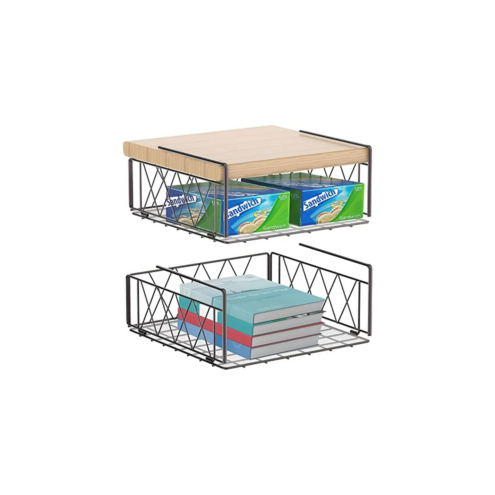 Under Shelf Storage Basket, Hanging Cabinet Storage Basket Organizer, Metal Wire Basket Shelves for Kitchen, Office, Pantry, Bathroom (Bronze, 2pcs)