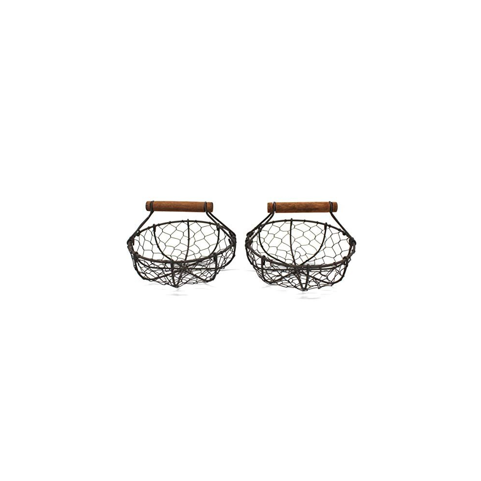 Chicken Wire Egg Baskets Rust Gathering Baskets with Wooden Handle Country Vintage Style Storage Baskets. Set of 2 (Round)