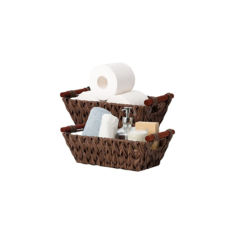 Woven Storage Baskets, Pack of 2 Wicker Baskets with Wooden Handles, Handwoven Wicker Storage Baskets for Organising, Small Wicker Baskets, Waterproof