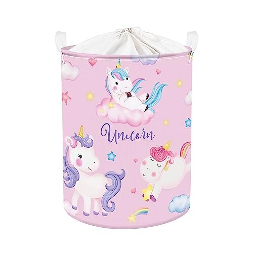 45L Cartoon Pink Unicorn Laundry Hamper Dreamy Rainbow Laundry Basket for Girls Room Round Toy Clothes Storage Basket with Drawstring, 14.2x17.7 in