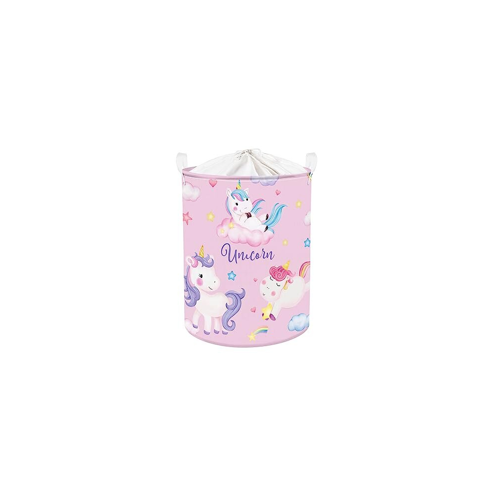 45L Cartoon Pink Unicorn Laundry Hamper Dreamy Rainbow Laundry Basket for Girls Room Round Toy Clothes Storage Basket with Drawstring, 14.2x17.7 in