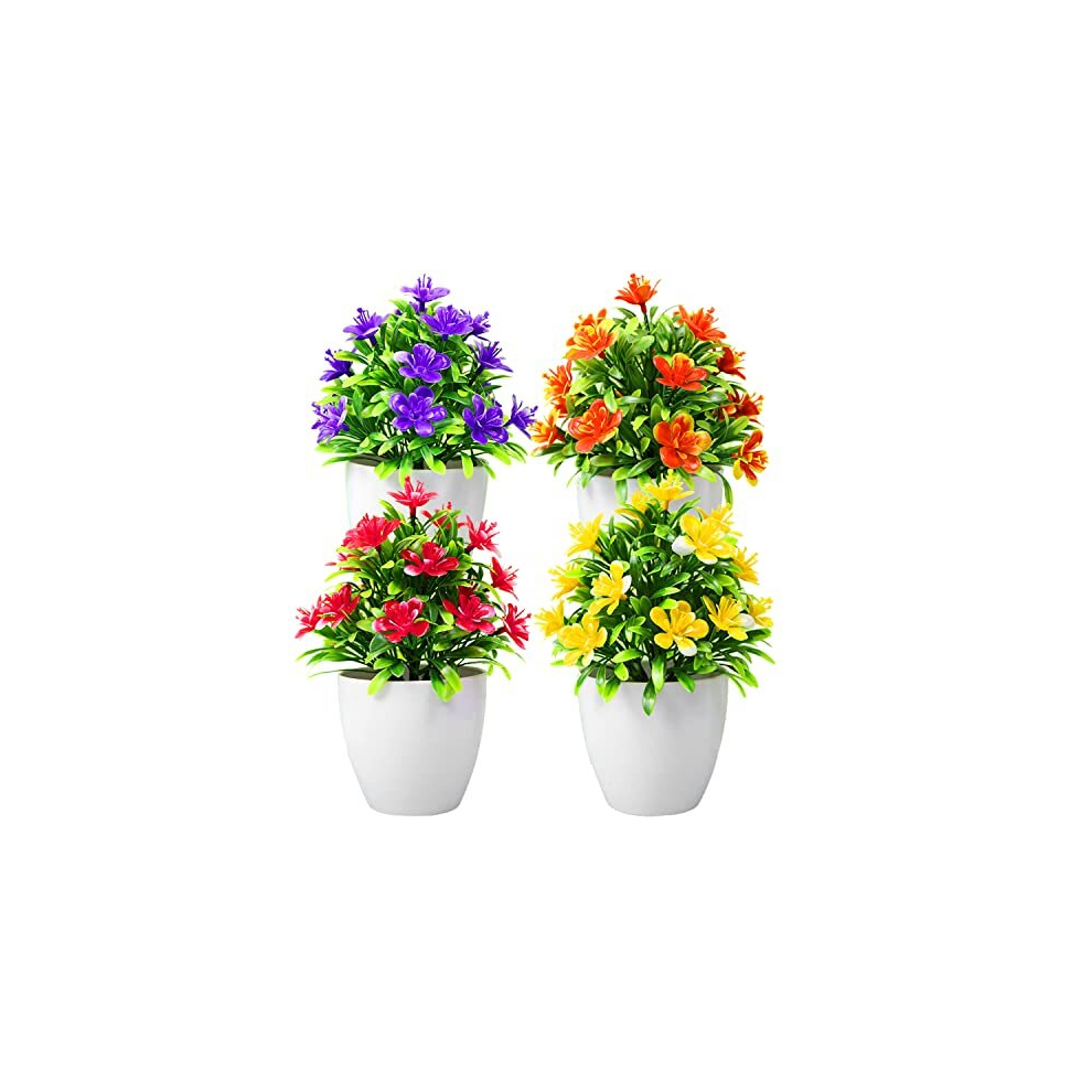 4 Pcs Artificial Flowers Plants Potted Mini Lifelike Fake Plants with Pot Plastic Faux Plants for Artificial Plants Indoor Outdoor Home Cafes Table