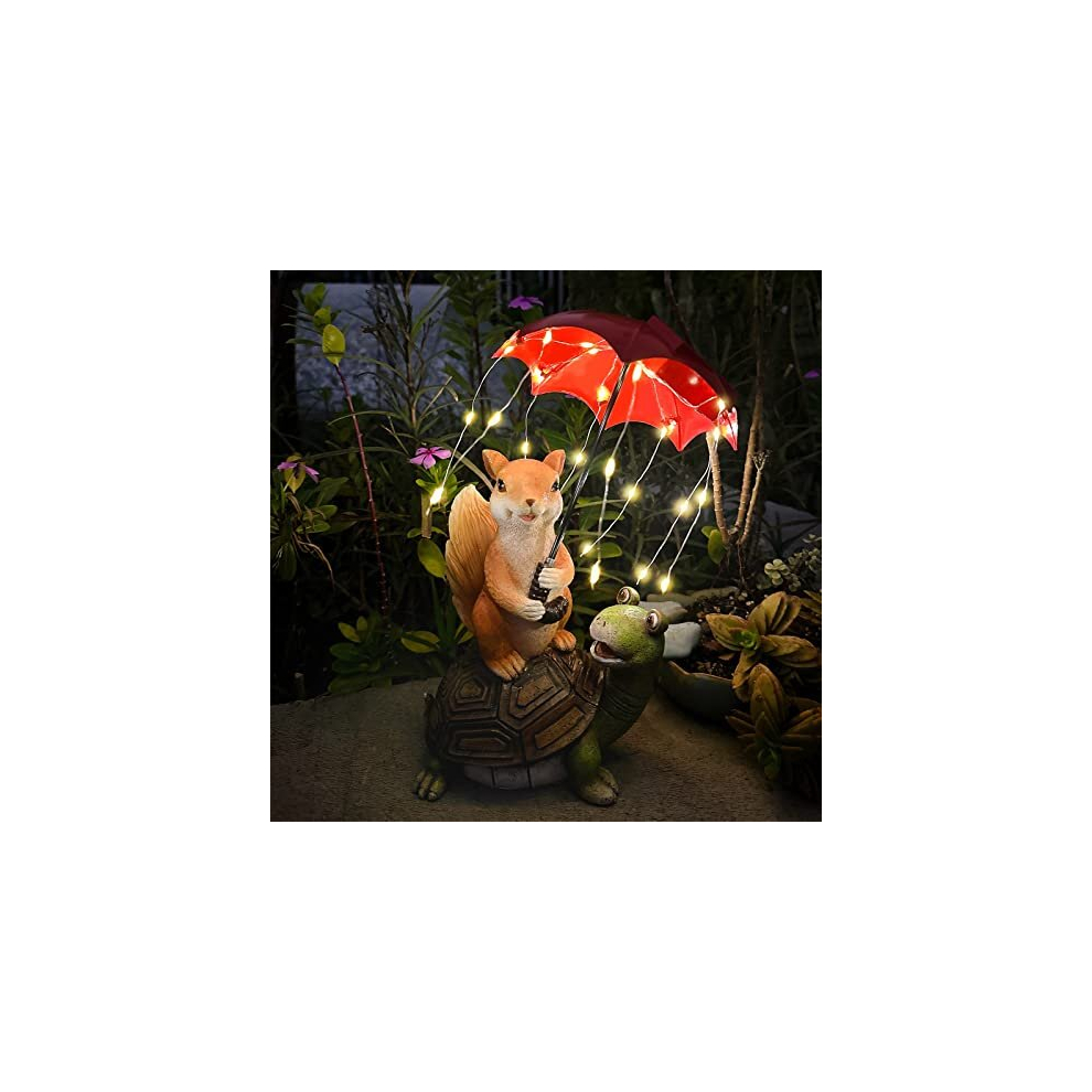 Solar Garden Statues - Outdoor Ornaments Squirrel Siting on Turtle Holding an Umbrella with LED String Lights Waterproof Tortoise Animal Figurine for