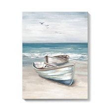 Ocean Wall Art Blue White Sea Canvas Paintings Sandy Beach Pictures Boat Coastal Artwork Framed Seashore Prints Seaside View Home Decor for Bathroom