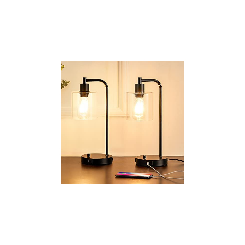 Set of 2 Industrial Table Lamps with USB Outlets,Dimmable Black LED Nightstand Beside Reading Modern Desk Lamps, Glass Shade for Bedroom Living Room