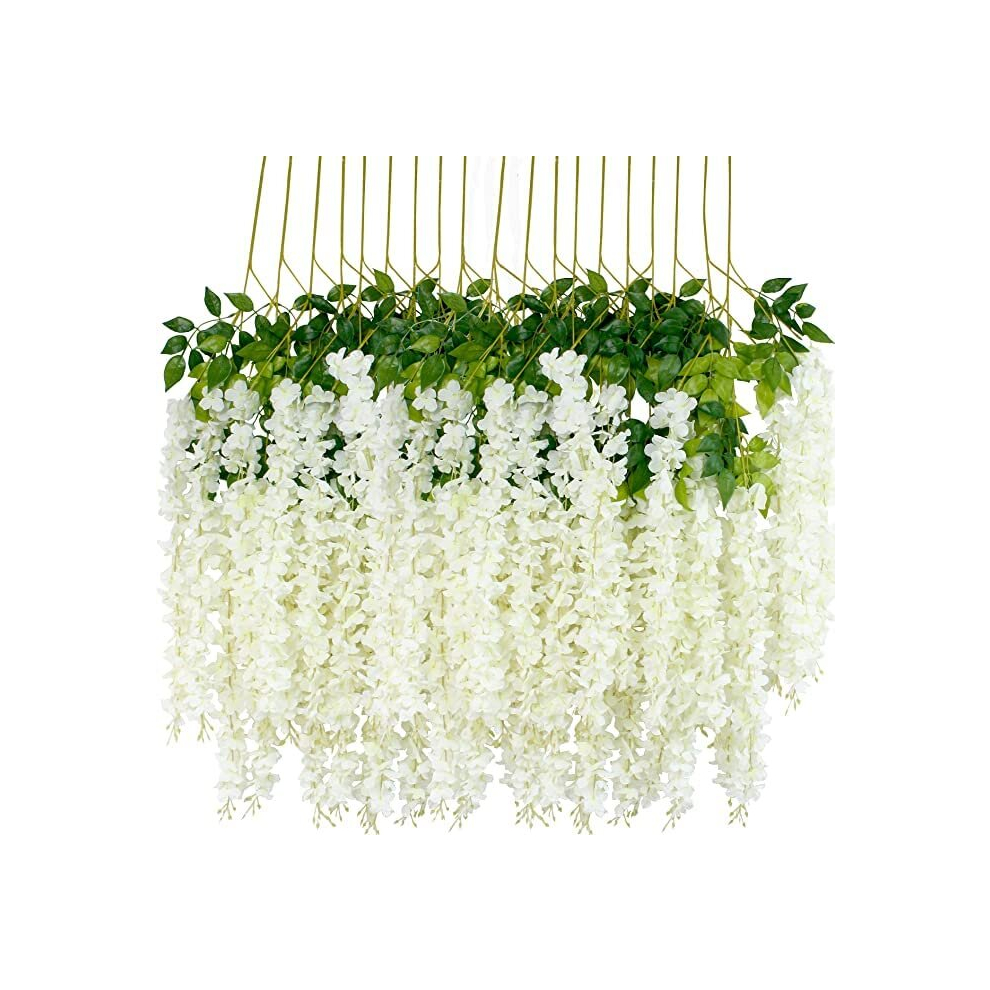 12Pcs Artificial Wisteria Flowers 43 inch/Piece White Dense Artificial Fake Wisteria Vine Ratta Hanging Garland Silk Flowers String Home Party Wedding