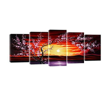 - 5 Panels Plum Tree Blossom Modern Canvas Prints Flowers Artwork Contemporary Abstract Floral Paintings on Canvas Wall Art for Home Decorations Wall