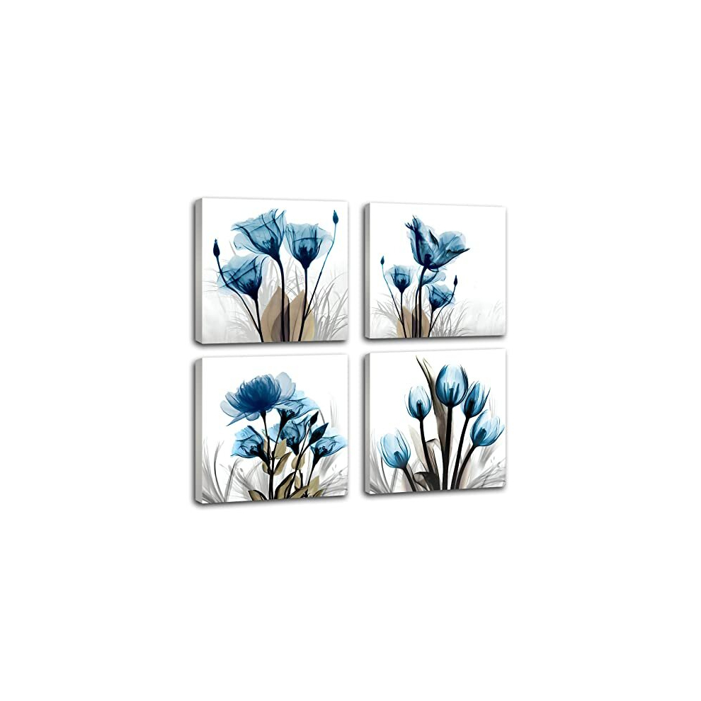 Blue Canvas Wall Art for Living Room Modern Flower Framed Bathroom Wall Artwork Floral Nature Wall Art Pictures for Bedroom Walls Office Kitchen