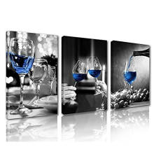 Contemporary Wall Art Black & White Pictures Blue Wine Glass Canvas 3 Pcs/Multi Panel Canvas Modern Artwork DecorBar Dining Room Wooden Framed Ready