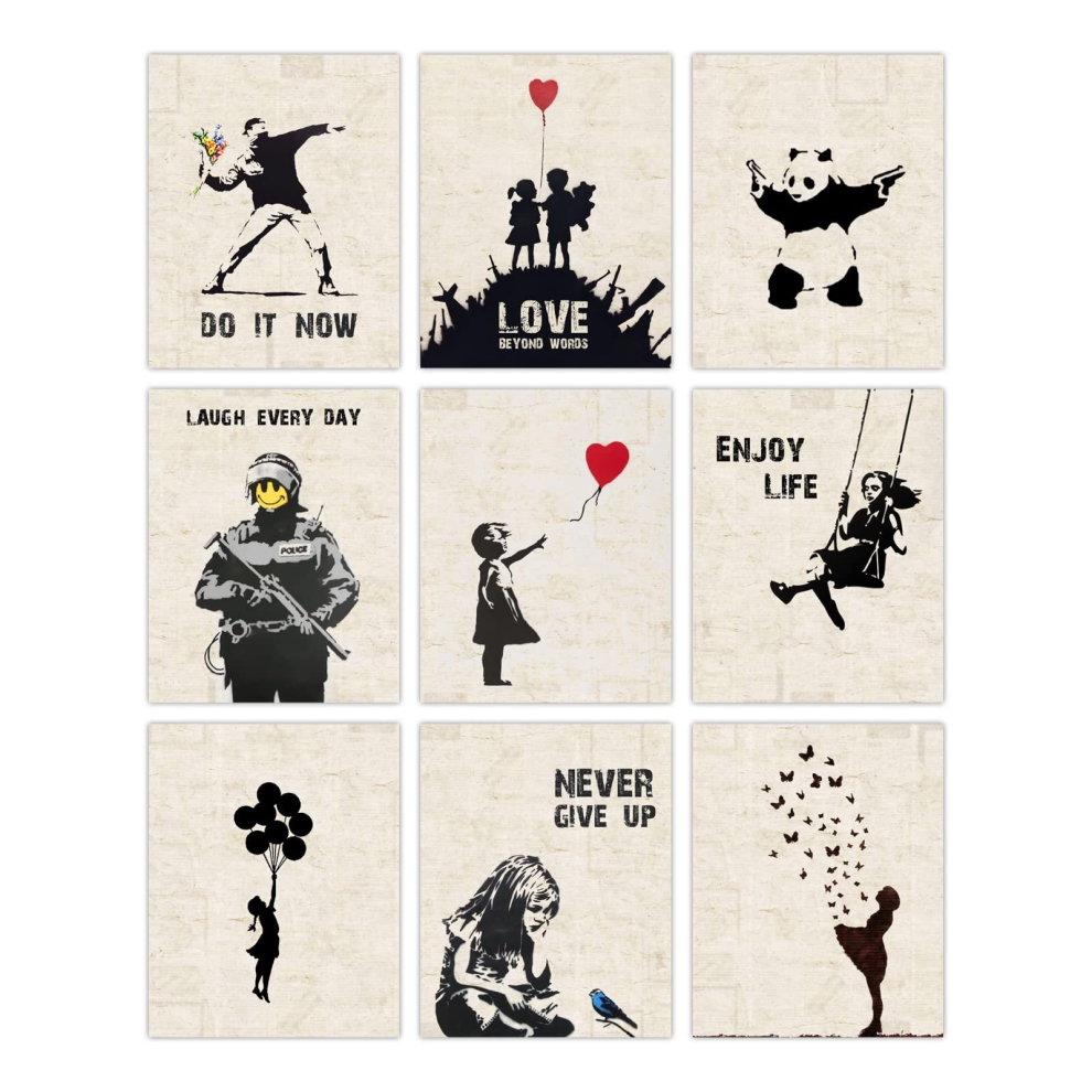 Set of 9 Banksy Wall Art Print Unframed Panda Banksy Canvas Pictures Graffiti Street Wall Art Banksy Posters Inspirational Quotes Street Pop Art Wall