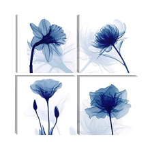 Blue Flickering Flower Modern Abstract Paintings Canvas Wall Art Gallery Wrapped Grace Floral Pictures on Canvas Prints 4 Panels Artwork for Bedroom