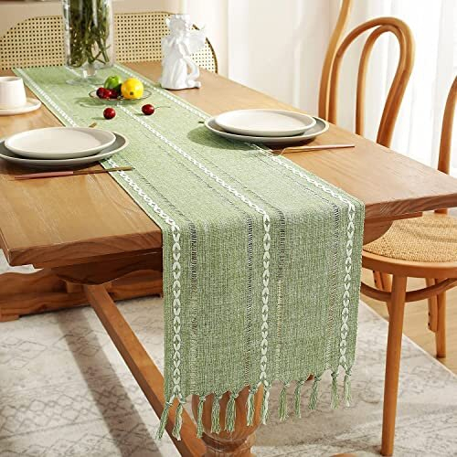 Rustic Linen Table Runner with Handmade Tassel Embroidered Farmhouse Style Sage Green Table Runners 72 inches Long for Holiday Party Dining Table on OnBuy