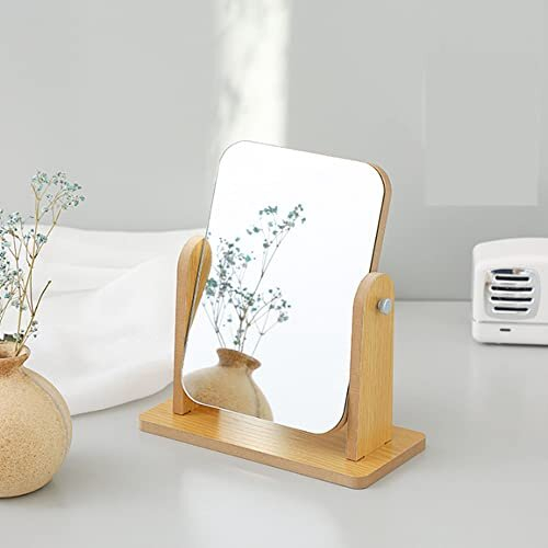 360-Degree Rotating Wooden Table Vanity Mirror, 22 x 23.5 cm Rectangular Makeup/Shaving Mirror with Stand 2