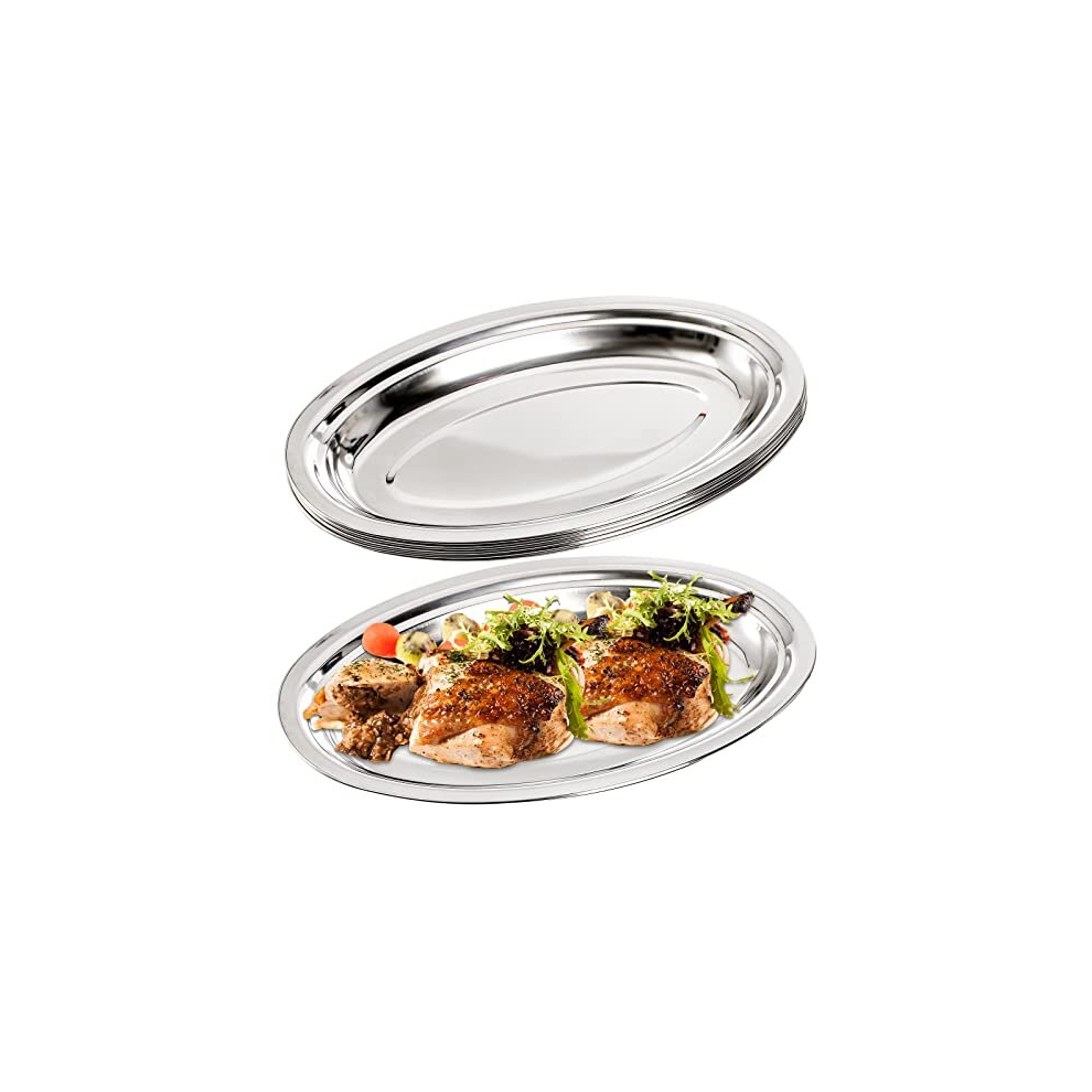 6 Pack Stainless Steel Oval Serving Platter, Large Sizzling Platter Serving Tray Serving Plate for Fish Dessert Meat, 14-Inch by 8.7-Inch, Silver