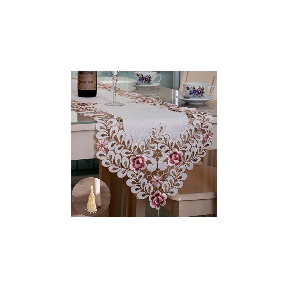 Table Runner 40x176cm, Washable Wedding Tea Table Cover Decoration Hollow Mesh Floral Tablecloth Vintage Embroidered Flowers Table Runner for