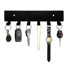 6-Hook Wall Key Holder with Top Shelf - Matte Black, Self-Adhesive or Drill-In Mount, 9.65 x 1.78 in, 22 lb Capacity