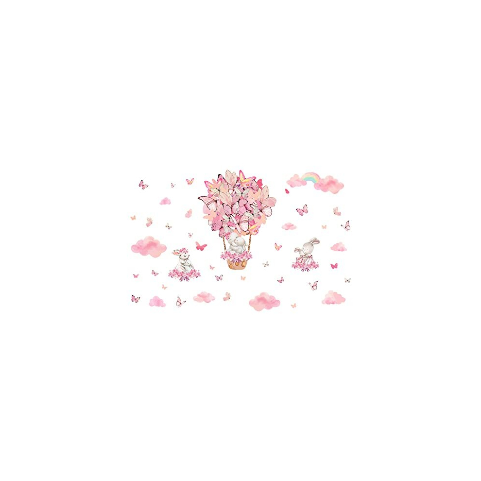 Bunny Wall Stickers Butterflies Hot Air Balloon Decal Girls Bedroom Stickers Decor Nursery Playroom Vinyl Waterproof Wall Decoration For Girls Pink Superdant