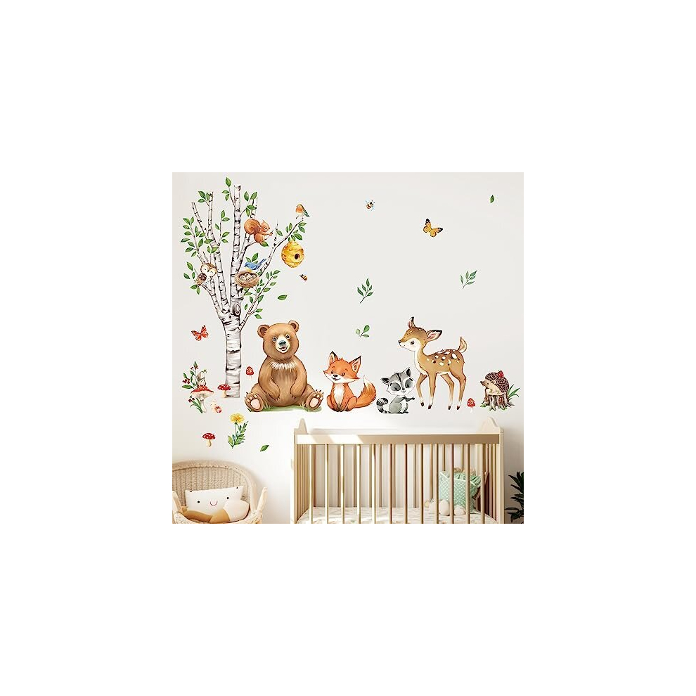 Woodland Animals Birch Tree Wall Decals Bear Fox Deer Wall Stickers Baby Nursery Kids Bedroom Living Room Wall Decor Decalmile