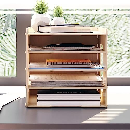 5 Tiers Widthways Wood Office Paper Organizer for Desk Desktop File ...