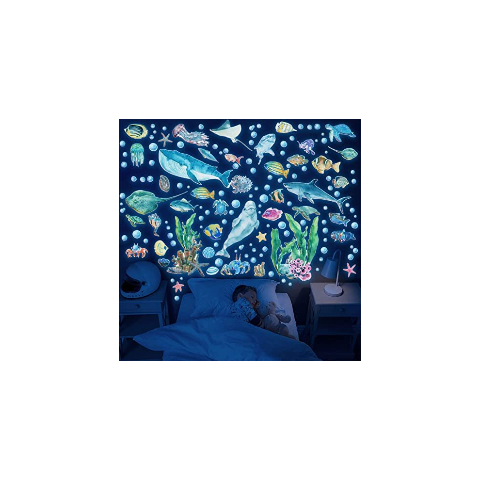 Tarklanda Glow In The Dark Ocean Fish Wall Stickers Ocean Theme Fluorescent Stickers Luminous Fish Jellyfish Wall Decor Underwater Sea World Wall Art For Kids