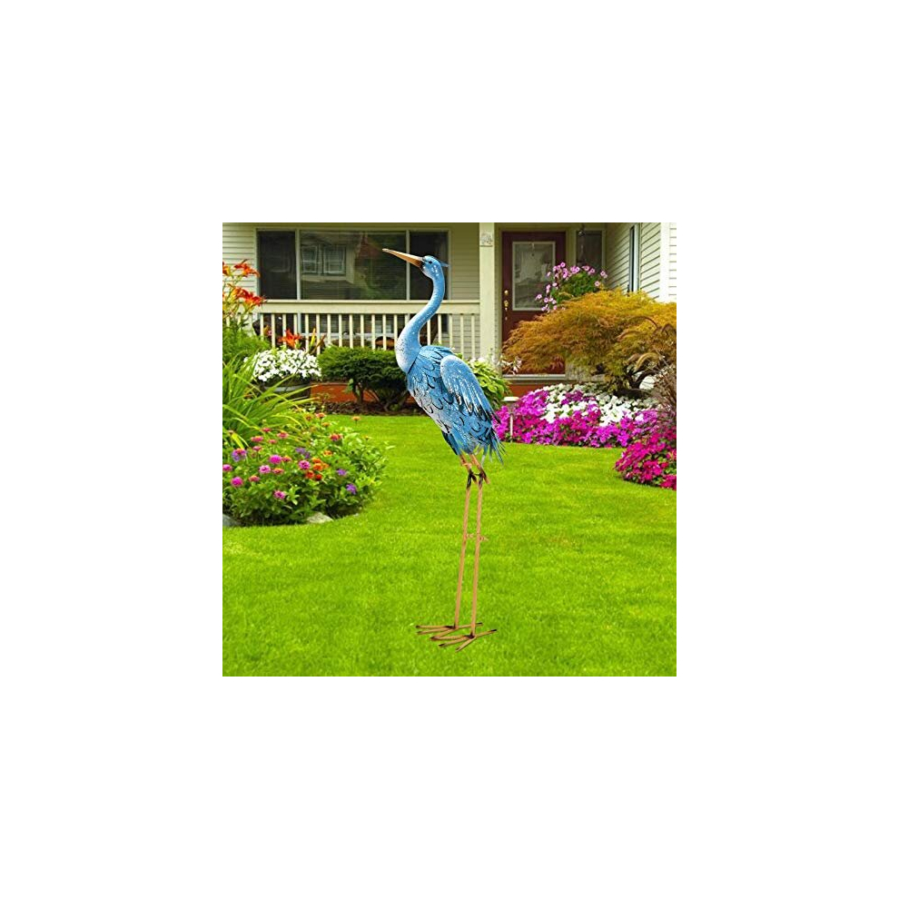 96cm Standing Blue Metal Crane Statue Garden Ornaments - Indoor/Outdoor Heron Garden animal Sculpture Gifts Idea for
