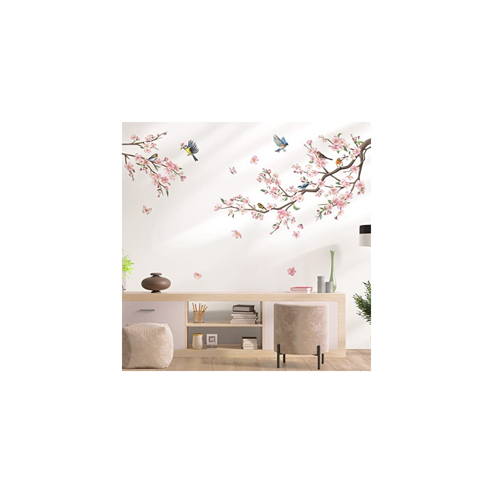 Decalmile Flower Branch Wall Stickers Pink Blossom Floral Birds Wall Decals Kids Bedroom Living Room Window Wall Decor