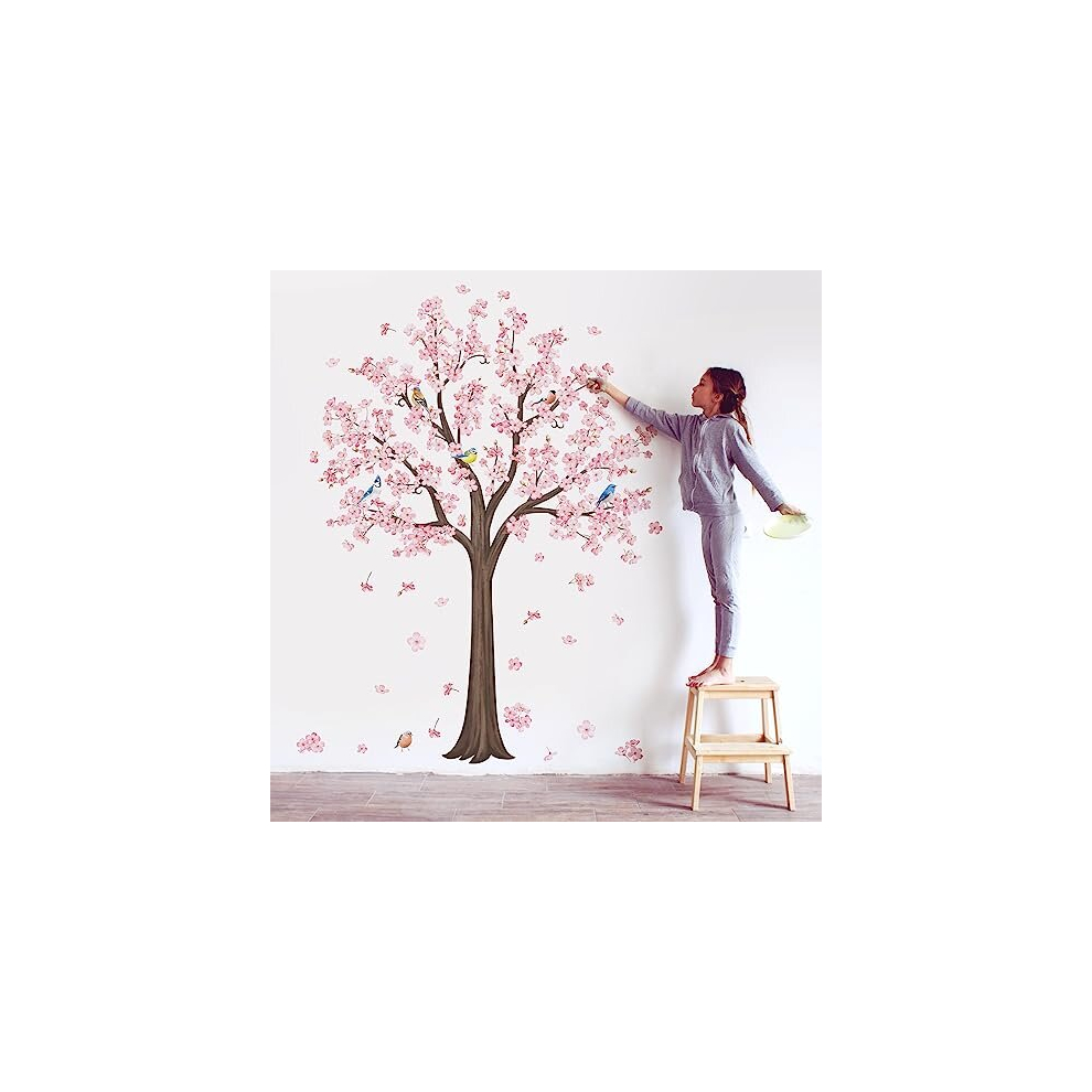 Decalmile Large Pink Blossom Tree Wall Decals Flower Birds Branch Wall Stickers Living Room Bedroom Baby Nursery Wall Decor（H:170cm/67 Inches）
