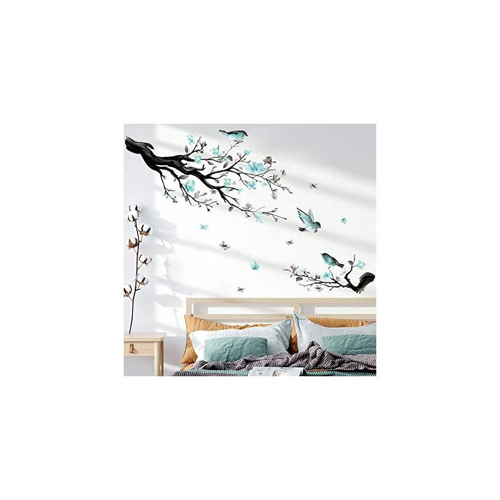 Watercolor Flower Wall Decals Blossom Bird Tree Branch Wall Stickers Living Room Sofa Tv Background Wall Decor Blue Decalmile