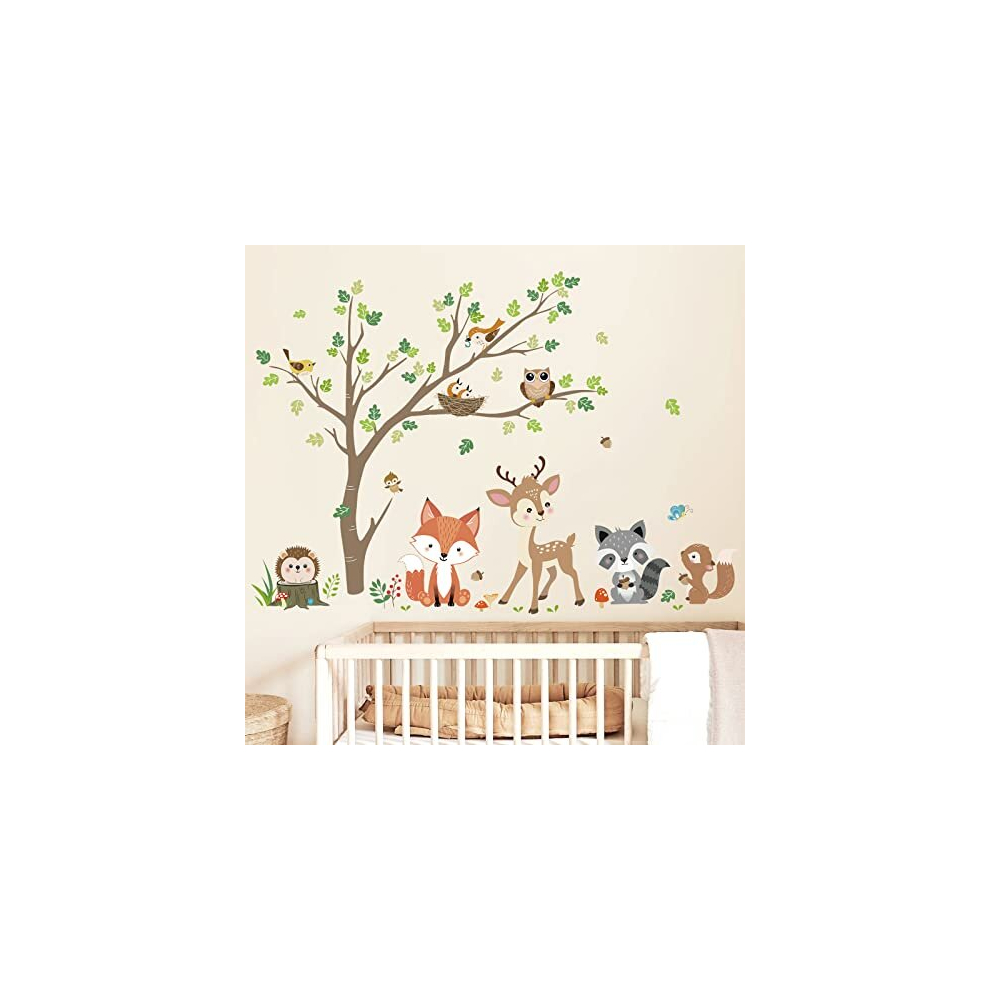 Woodland Animals Tree Wall Stickers Fox Deer Owl Wall Decals Baby Nursery Kids Bedroom Living Room Wall Decor