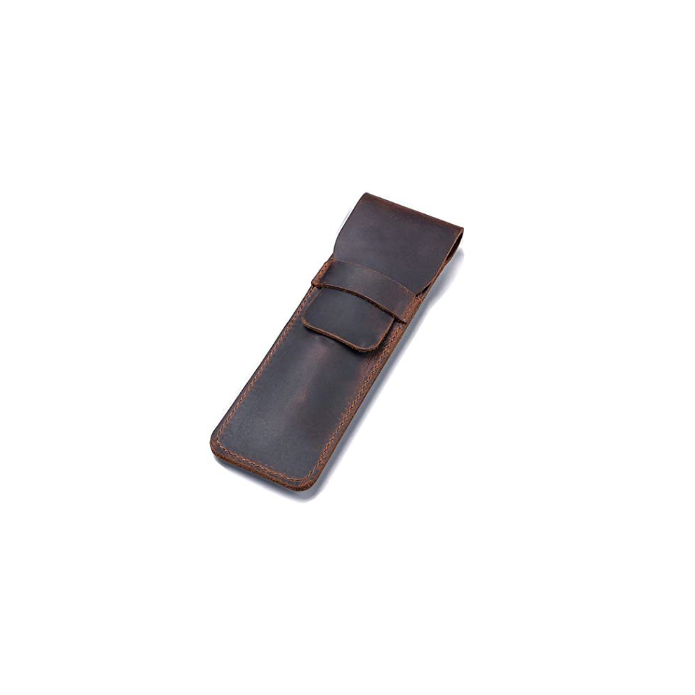 Pens Pouch Leather Pen Protective Sleeve Cover Crazy Horse Leather Handmade Fountain Multi Pen Case Holder – Dark Brown Small
