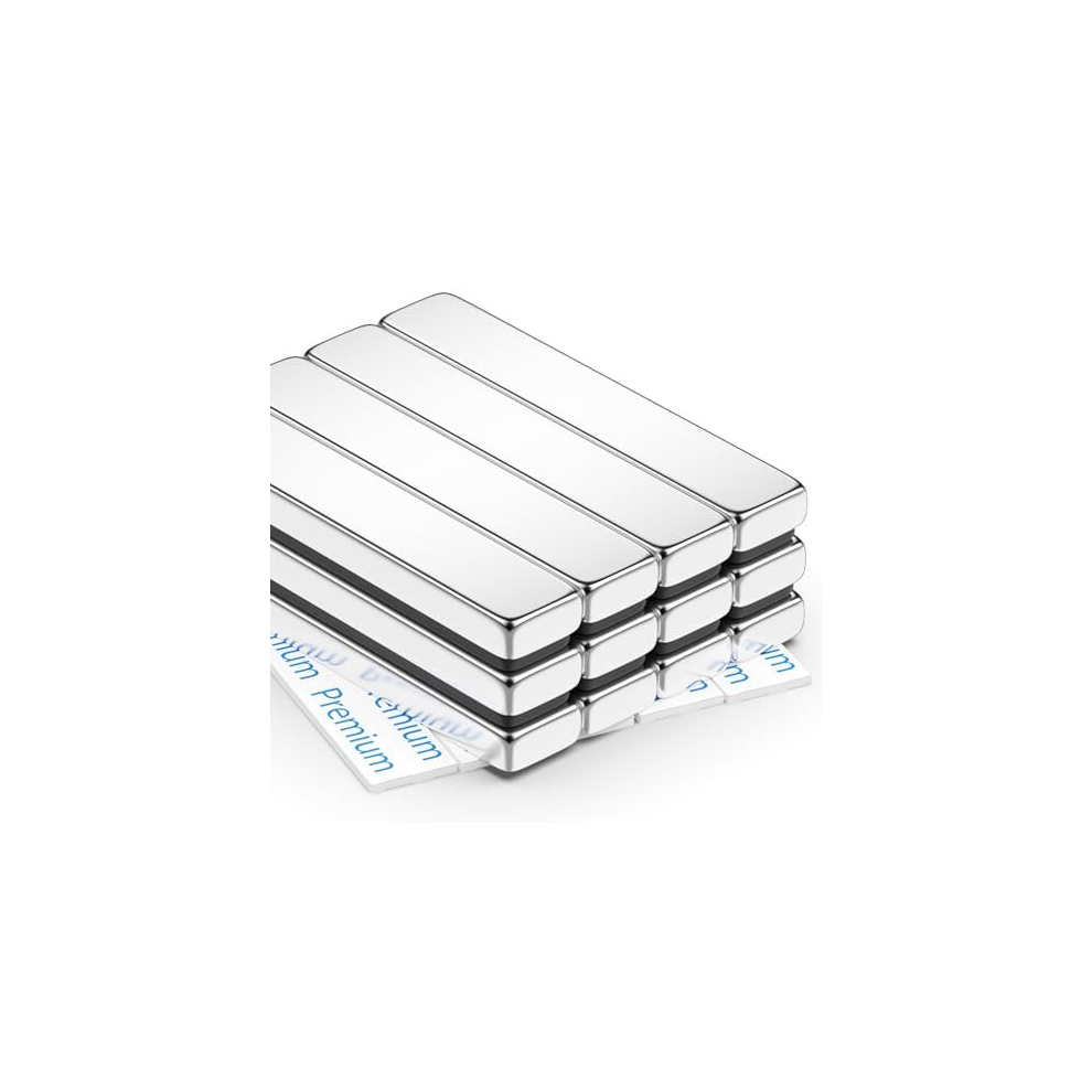 Neodymium Magnets, 12 Pack 60 x 10 x 5 mm Super Strong Magnets Bar, Magnetic Strips, Whiteboard Magnets with Double-Sided Adhesive, Flat Magnets for