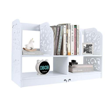 Desktop Bookshelf Mini Desktop Shelf, 2 Tier Bookshelf White Wooden DIY Storage Organiser Stand, Desktop Display Rack 2 Tier Carved Patterns for Book