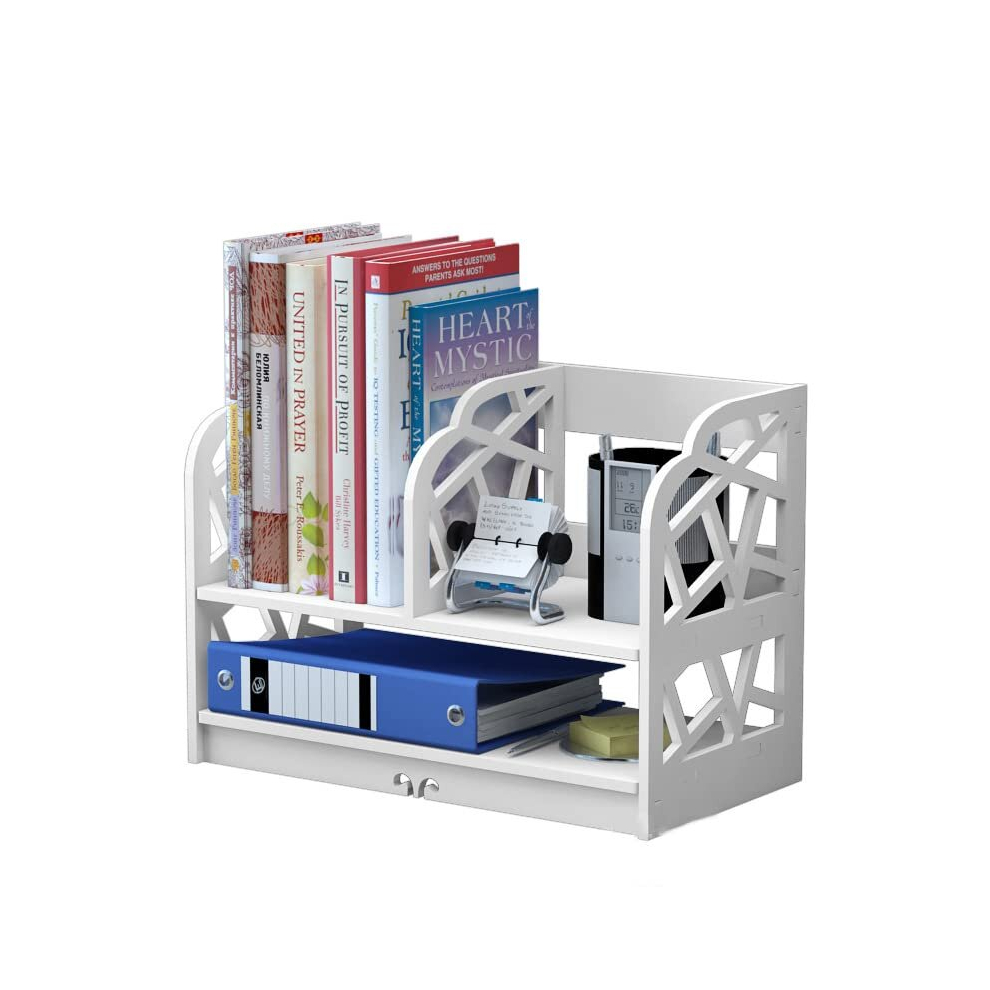 Itoda Wood Desk Storage Shelf Bookcase, 2 Tier Small Bookshelf Desktop Display Storage Organiser Rack Shelves Stand Counter Top Multi-Use Bookcase For White