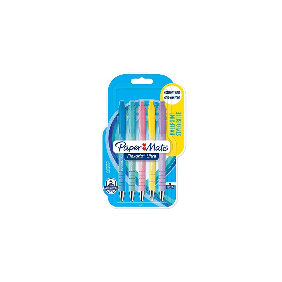 Flexgrip Ultra Pastel Ballpoint Pens | Medium Point (1.0mm) | Black Ink | Pastel Barrels | 5 Count