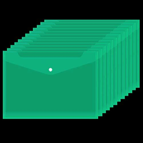 Plastic Wallets Folder - 12 Pack A4 Clear Document Folders Plastic Popper Wallet with Button Closure (Green)