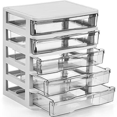 5 Drawer Desktop Storage Bin Unit, Mini Clear Plastic Desktop Unit Organizer, White Frame with Clear Drawers, Small Drawer Storage Container Case Box