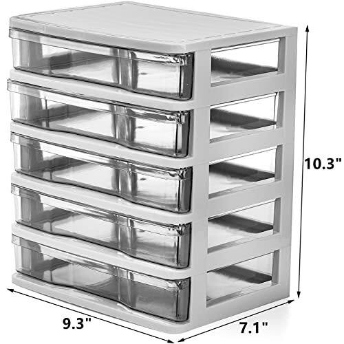 5 Drawer Desktop Storage Bin Unit, Mini Clear Plastic Desktop Unit Organizer, White Frame with Clear Drawers, Small Drawer Storage Container Case Box 1