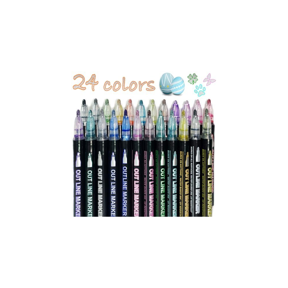 Glitter Pens Outline Pens, 24 Colours Double Line Outline Metallic Marker Pens for Kids Girls Teenages, Colouring Pens DIY Painting Doodle Pen