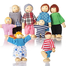 Dolls House People Family of 8 Wooden Figure Set, Small Wooden Dolls Toys for Children Girls