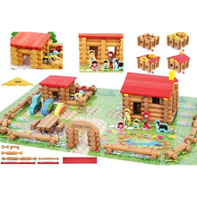 TOWO Wooden Logs Toys Farm Playset- Wooden Logs Building Set Farm House Wooden Construction Toys 207 Pieces Animal Farm - Wooden Building Toys for 3 4