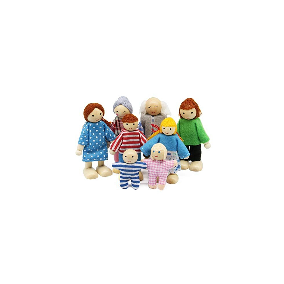 Wagoog Dolls House Dolls Family Set, Wooden 8 Mini People Figures Dolls Playset for Dollhouse Accessories Girls Kids Children Pretend Toy Gift