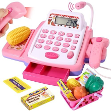 Toy Till Cash Register for Kids with Scanner, Pretend Play Toys Shopping Supermarket, Calculator, Microphone, Play Food, Play Money, Gifts for Boys