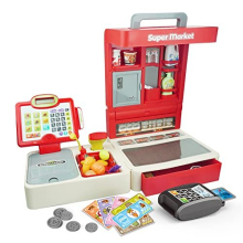Supermarket Cash Register for Kids,Kids Pretend Play Store Calculator Childrens Till Gift with Scanner,Play Money,Pretend Credit Card, Play Food for