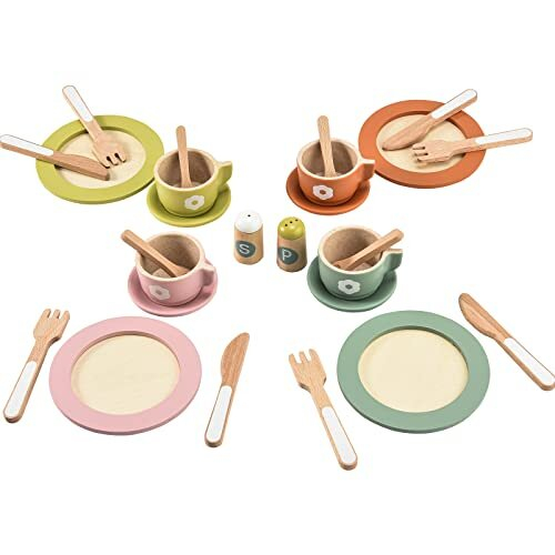 Wooden Kitchen Toys 27 PCS Wooden Toy Plates and Dishes for Kitchen Set Role Play Toys for Girls and Boys Kids Kitchen Accessories on OnBuy