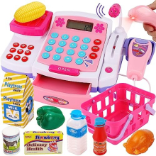 Large Cash Register Toy with Lifting Food Weigh, Real Calculator Speaker Microphone Scanner with Light and Sounds Shopping Pretend Play Food